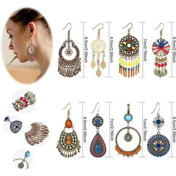 8 Pairs Boho Earrings for Women Vintage Dangle Drop Jewelry Gift Set - Picture 3 of 6